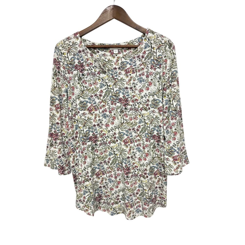 J. Jill Floral V Neck Tunic Top Small Cotton Modal 3/4 Sleeve Stretch Boho